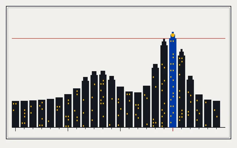 Illustration: the shape of a summer weekday's electricity demand drawn as tower massing, windows lit in amber, with a labeled evening peak