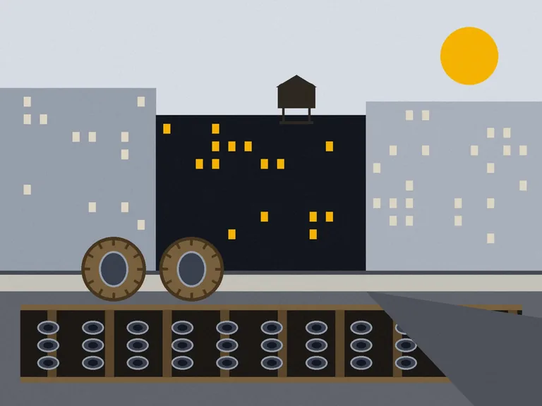 Illustration: trench conduit work for a transmission cable project on a New York City street, with duct banks and cable reels at the curb