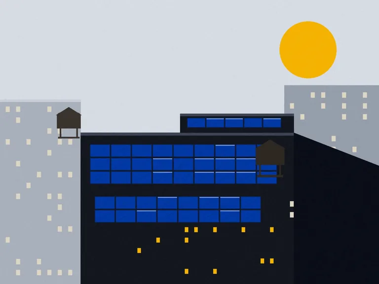 Illustration: solar panels retrofitted across a Manhattan tower rooftop in hard midday light