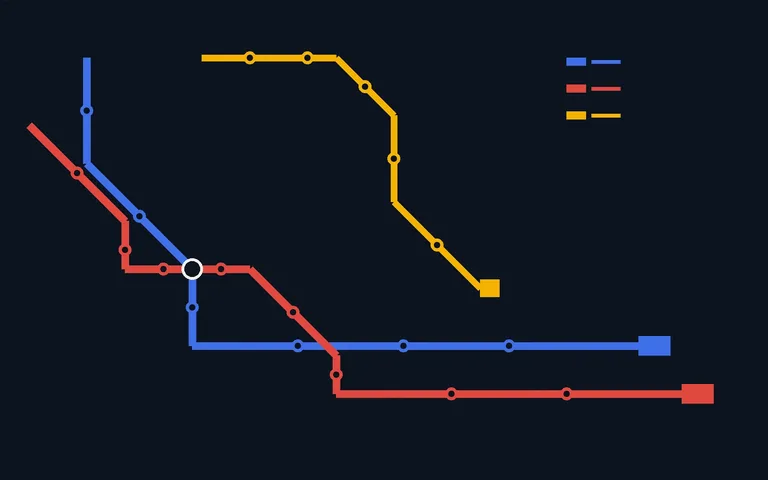 Diagram in the style of a subway map: three flat routes with forty-five degree bends and station dots on a midnight ground, no text